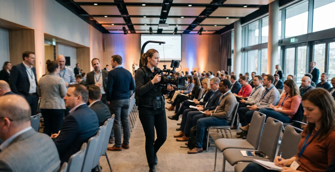 Captation vidéo d'un événement professionnel en action avec caméra filmant une conférence d'entreprise et participants présents