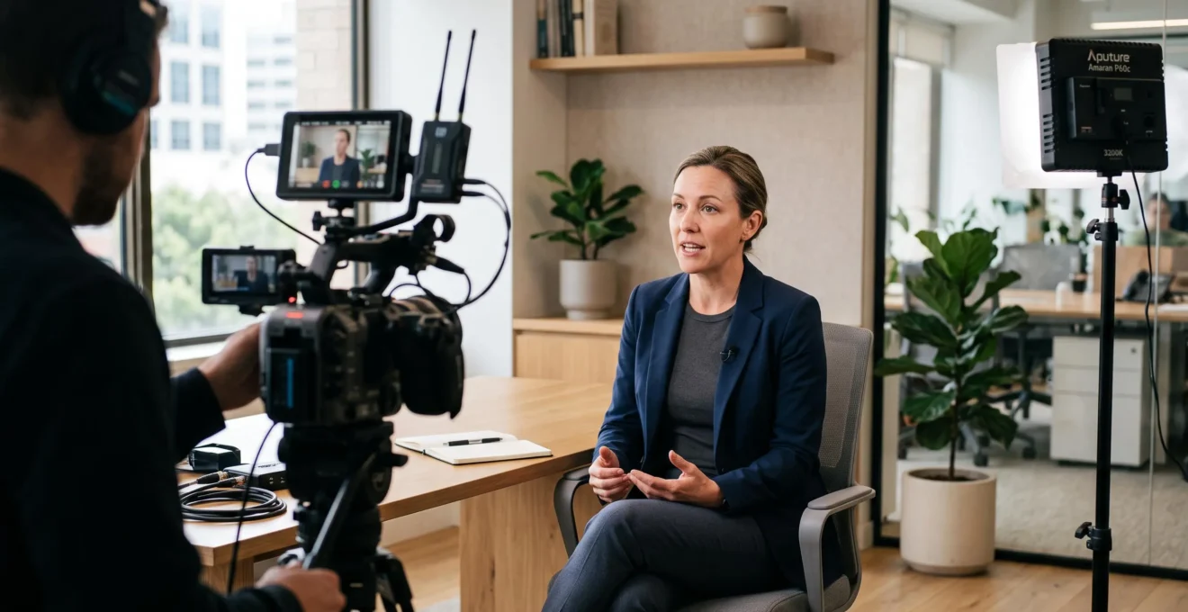Interview professionnelle en cours dans un bureau d'entreprise avec personne en tenue corporate et équipement de tournage visible