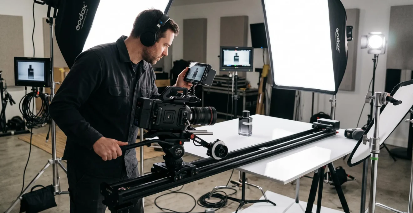 Tournage professionnel d'une vidéo produit en studio avec caméra sur slider et éclairage contrôlé