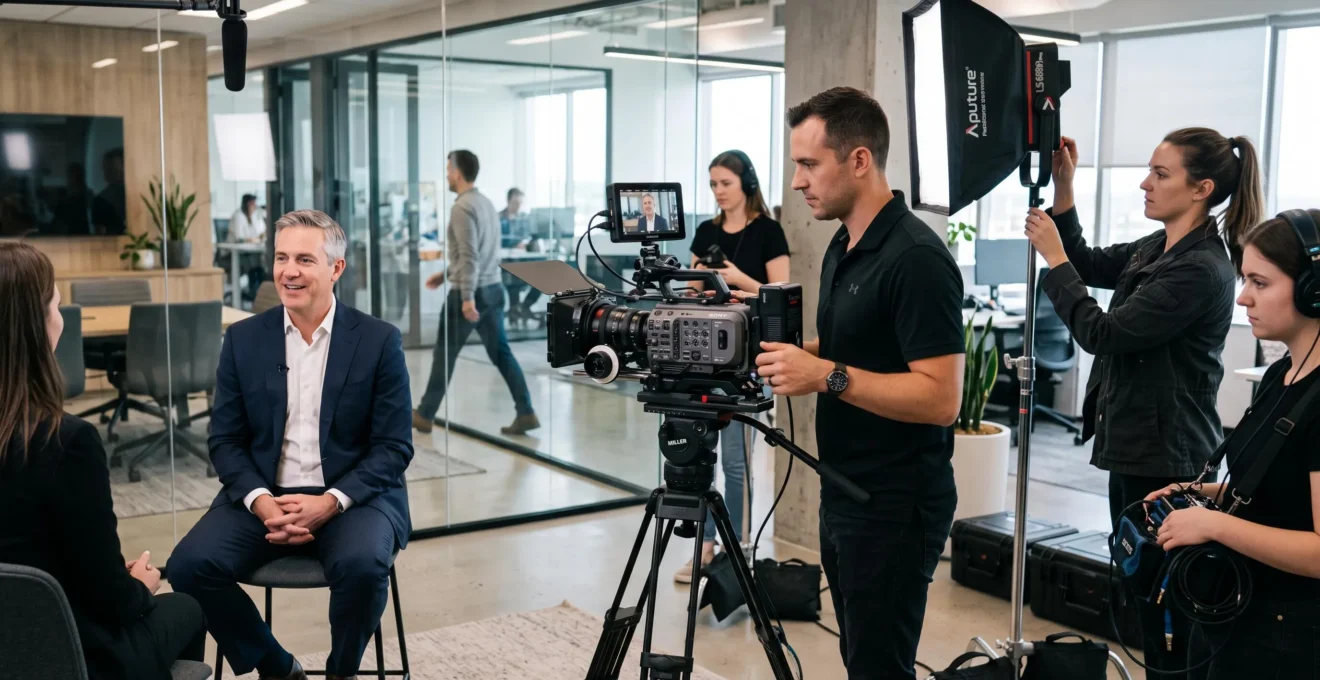 Équipe de production filmant une interview corporate dans un environnement d'entreprise moderne avec caméra professionnelle et éclairage LED