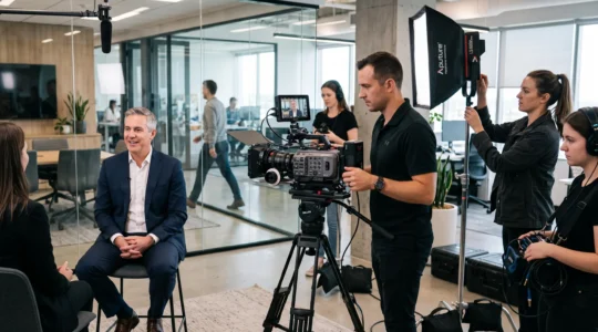 Équipe de production filmant une interview corporate dans un environnement d'entreprise moderne avec caméra professionnelle et éclairage LED