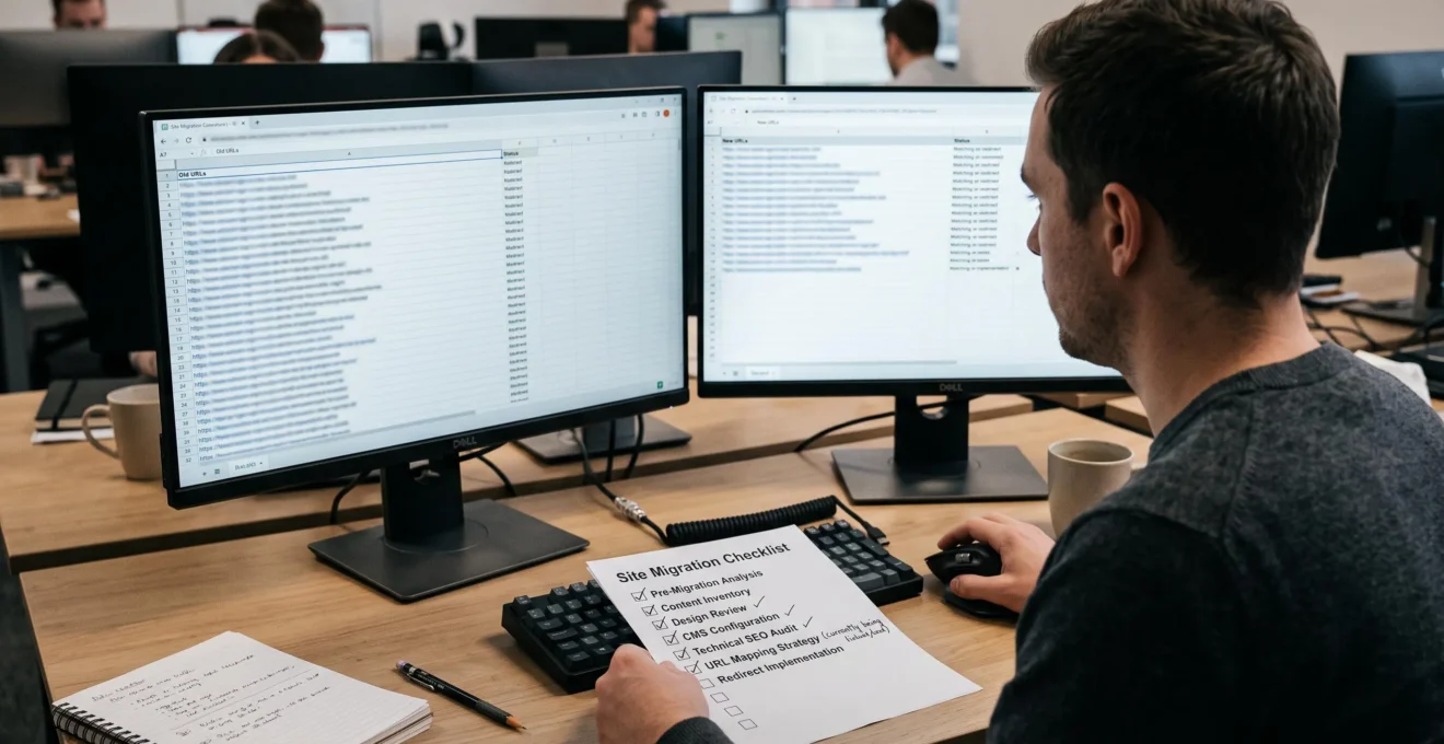 Consultant SEO comparant sur un double écran une liste d'anciennes URLs et de nouvelles URLs lors d'un mapping de redirections.