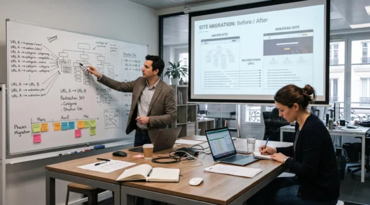 Une équipe web prépare une refonte de site dans une salle de réunion, avec un tableau blanc couvert de schémas d'URLs et de redirections.