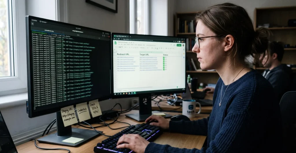 Ingénieure QA vérifiant sur deux écrans un crawl de site en environnement de préproduction avec une liste de redirections contrôlées. Ingénieure QA vérifiant sur deux écrans un crawl de site en environnement de préproduction avec une liste de redirections contrôlées.