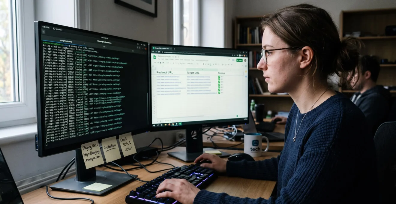 Ingénieure QA vérifiant sur deux écrans un crawl de site en environnement de préproduction avec une liste de redirections contrôlées.